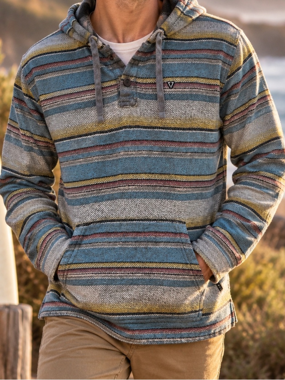 Vissla Men’s L Baja Hoodie Striped 100% Cotton Surf Pullover Southwestern